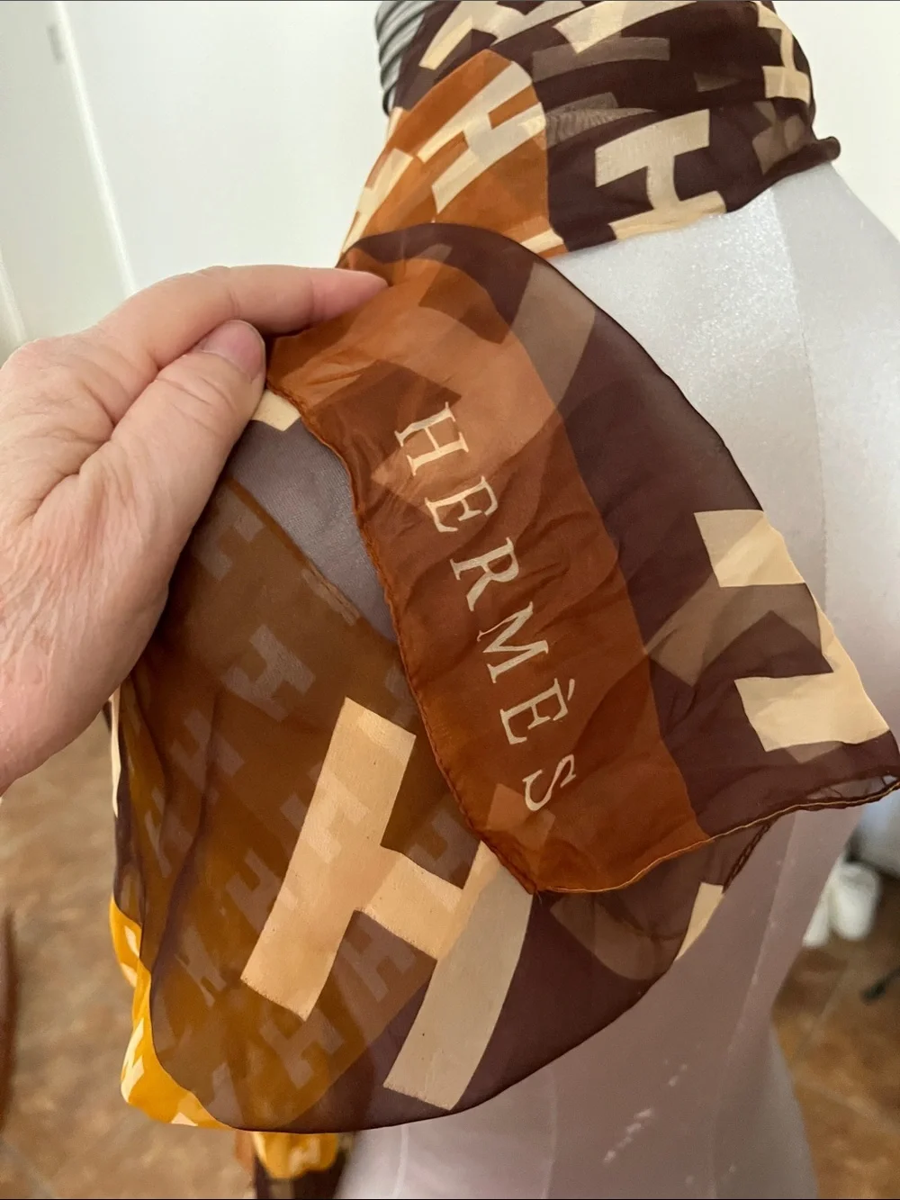 Stylish Gold and Brown Patterned Scarf - Lightweight Home Accent